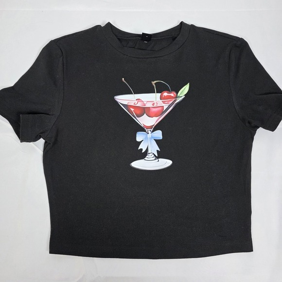 SHEIN Women's Cherry Martini Graphic Crop Top M Black Y2K Baby Tee Cocktail Cool - Picture 3 of 11